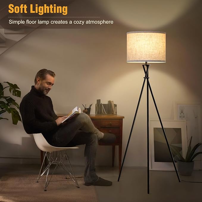 Tripod Floor Lamp Black, 61” Tall Floor Lamps, Standing Lamp with Rotary Switch, Modern Floor Lamp Simple Design with Beige Shade, Floor Lamps for Living Room, Bedroom, Office, Without Bulb