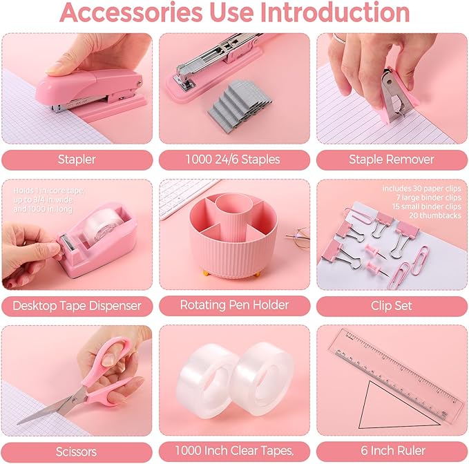 SKYDUE Pink Desk Accessories 10Pcs, Rotating Pen Holder for Desk, Stapler, Staple Remover, Tape Dispenser,2pcs Tape Refills, Binder Paper Clips Kit, Scissor,Pink Office School Supplies