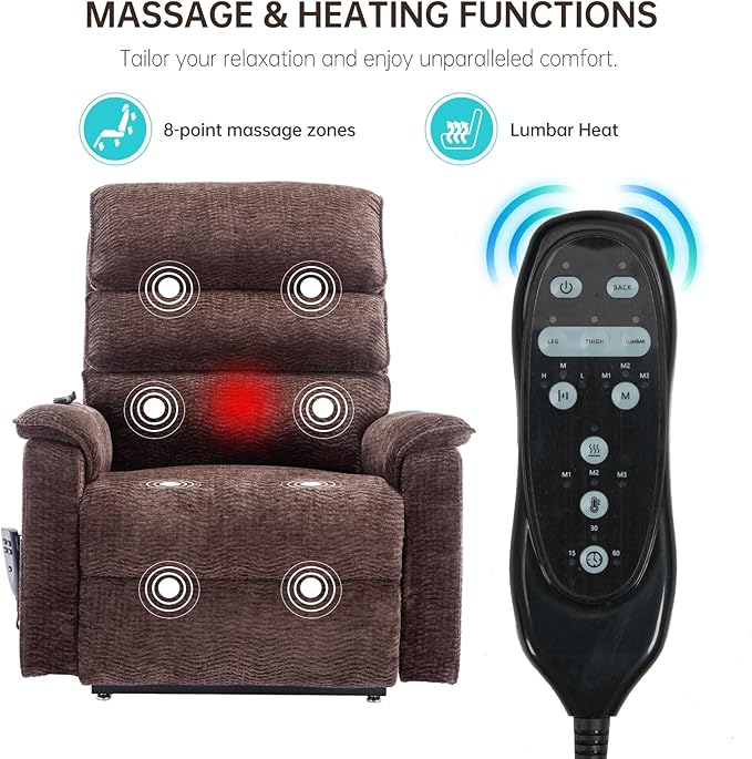 Lay Flat Lift Chair with Heat and Massage, Dual Motor Recliner, Infinite Position, Up to 350 LBS, Dark Brown, Chenille Fabric