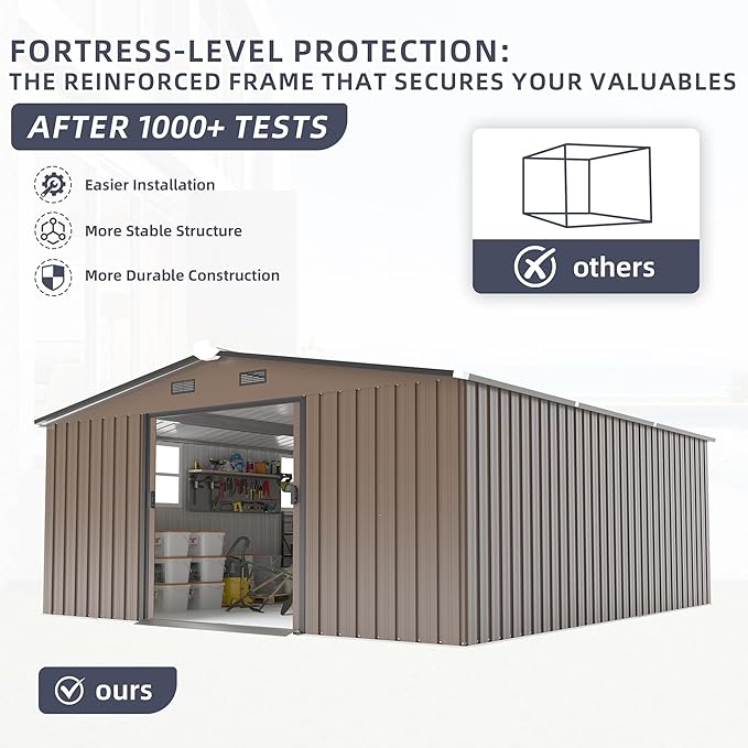 10x12 FT Outdoor Storage Shed, Large Metal Garden Shed with 2 Windows, Outside Tool Sheds with Lockable Sliding Doors, Waterproof Storage Building with 4 Air Vents for Backyard, Patio, Lawn, Brown