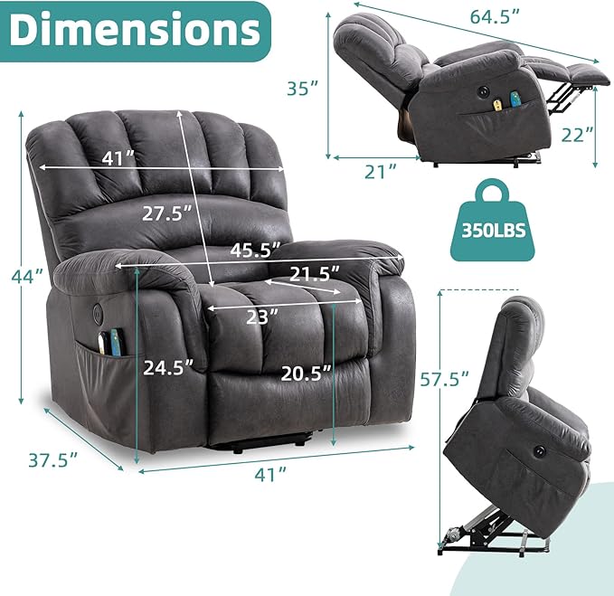 MEETWARM Large Power Lift Electric Recliner Chair with Massage and Heat, Overstuffed Wide Recliner with 2 Remote Controls for Elderly Big People, Heavy Duty Recliners, USB Ports, Side Pockets(Gray)