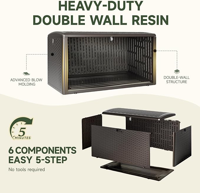 73 Gallon Resin Deck Box, Double Layer Waterproof & Outdoor Indoor Lockable Storage Box for Patio Furniture Cushions Garden Tools (Brown)