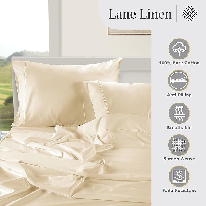 LANE LINEN Pillow Case Covers King Set of 2 100% Egyptian Cotton Sateen Soft Cool & Smooth 1000 Thread Count Cases - Ivory