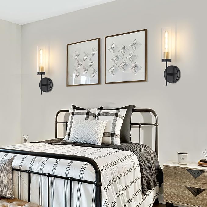 Wall Sconces Set of 2, Black and Gold Modern Bathroom Vanity Lights with Clear Glass, Sconces Wall Decor Set of 2, Hardwired wall Sconce Lighting, Indoor Wall Lights for Bedroom Living Room Hallway