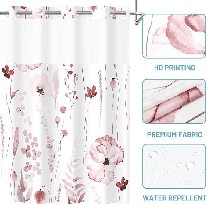 No Hook Shower Curtain with Snap in Liner - Floral Shower Curtain - Fabric Waterproof Inner Liner, Plants Watercolor Burgundy Modern Cloth Shower Curtains - Machine Washable, 71 x 74