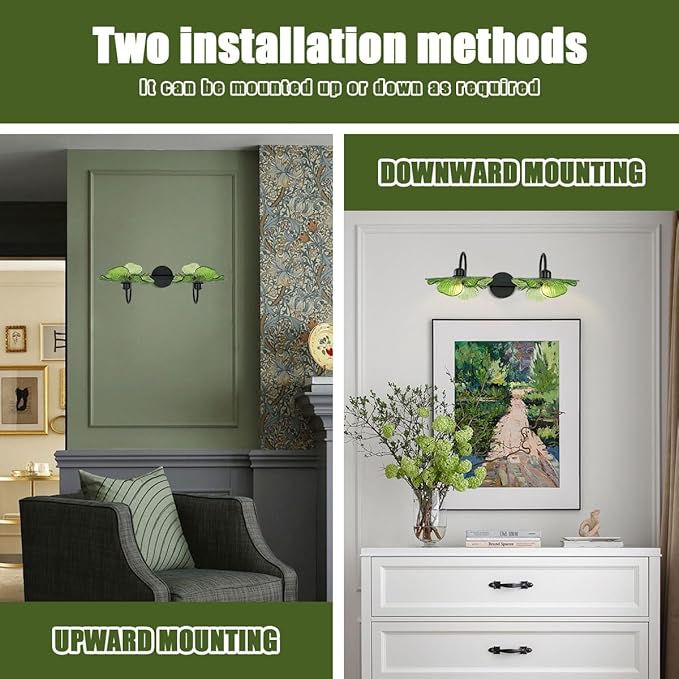 2 Light Black Vanity Light Bathroom Wall Sconce Vintage Wall Sconce Lights Wall lamp with Green Glass Shade Bathroom Vanity Light Over Mirror for Bedroom Hallway Living Room