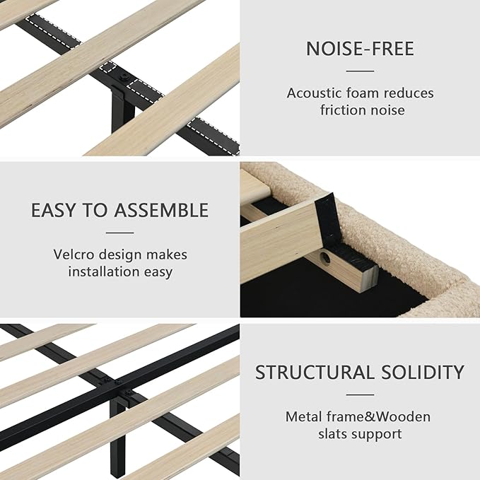 Twin Bed Frames,Breathable Boucle Fabric Upholstered Bed Frame Twin with Headboard,Removable and Washable,Wood Slat Support,No Box Spring Needed,Easy Assembly,Cama Individual,Beige