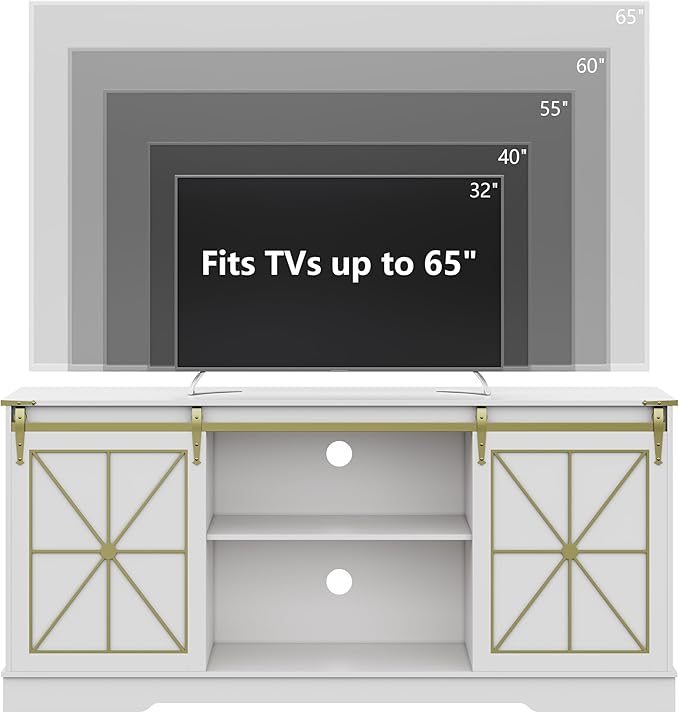 Farmhouse TV Stand for 65/60/55 Inch Tvs, Rustic Entertainment Center with Storage Cabinets & Sliding Barn Doors, Modern Media Console Table, Wood Television Furniture for Living Room, Bedroom, White