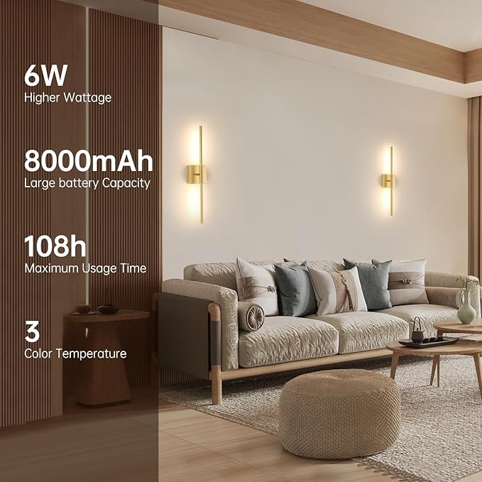 Battery Operated Wall Sconce Set of 2, 8000mAh Wireless Wall Sconces, 3000K-6000K Dimmable, 350°Rotate, Indoor Wall Lights for Bedroom Living Room Bathroom, Gold, 23.6 Inch