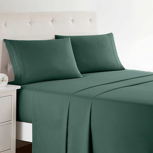 Clara Clark Bed Sheets, Premier 1800 Series Bed Sheet Set, Deep Pocket, Wrinkle, Fade, Stain Resistant, Luxury Soft Bedding Sheets & Pillowcases, Twin, Forest Green