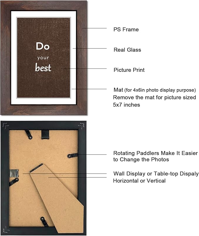 5x7 Walnut Picture Frame Set of 3 with Real Glass for Pictures 4x6 with Mat or 5x7 Without Mat, Wall or Tabletop Gallery Photo Frames