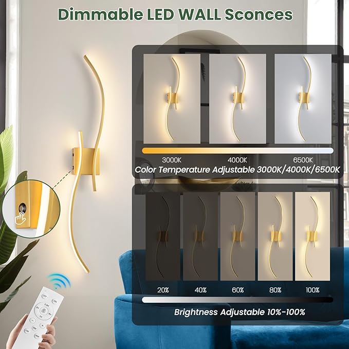 CANEOE Battery Operated Wall Sconce Set of 2, 18000mAh Gold Rechargeable Wall Lights with Remote Control,3000K-6000K Dimmable LED Wireless Wall Light for Living Room Bedroom Hallway,39.3 Inch (Gold)