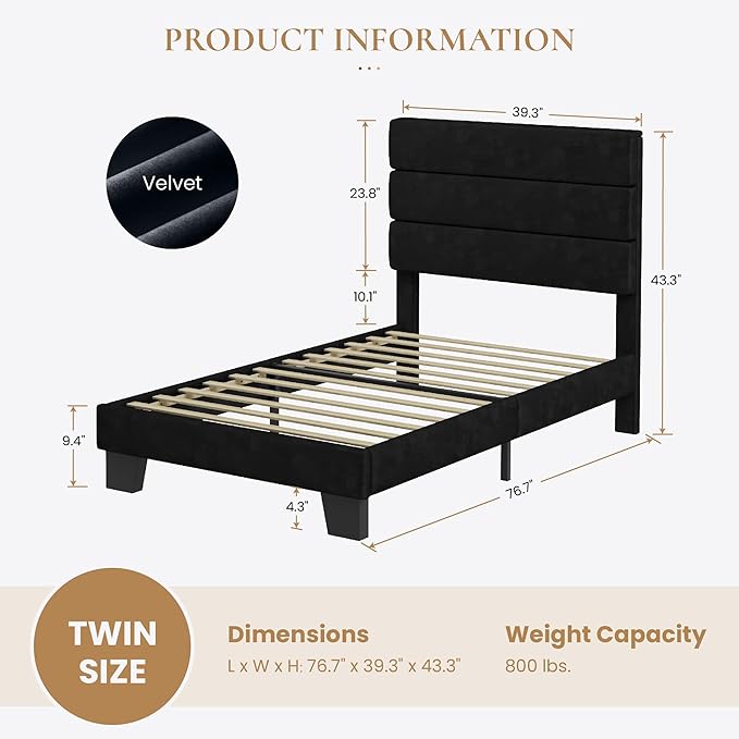 SHA CERLIN Twin Platform Bed Frame with Velvet Upholstered Headboard, Mattress Foundation with Strong Wooden Slats Support, No Box Spring Needed, Black