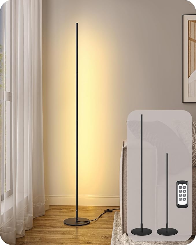 EDISHINE Corner Floor Lamp, Dimmable LED Light with Remote, 3 Color Temperature 3000K-4500K-6000K, 57.5" Modern Black LED Floor Lamp for Bedroom, Living Room, Office