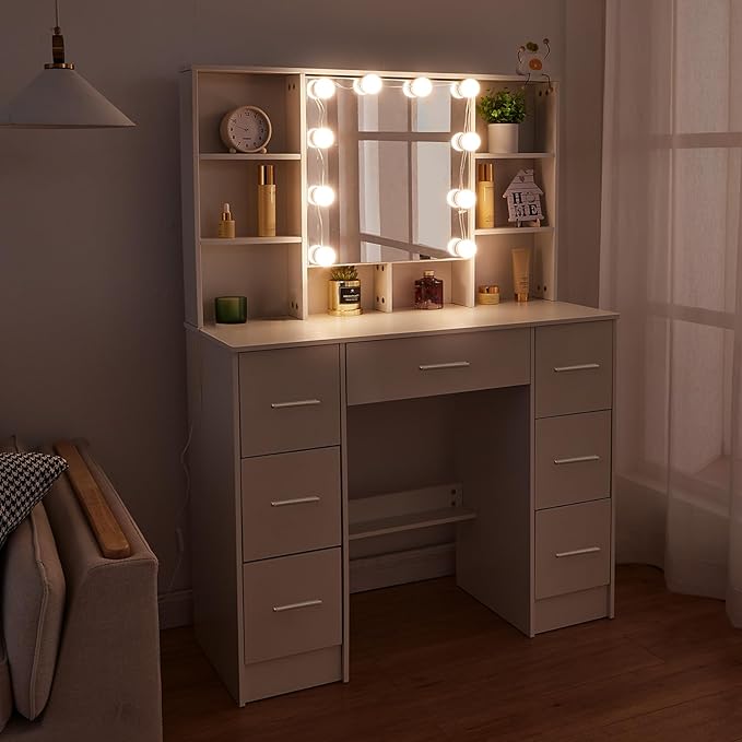 Vanity Desk with Mirror Lights, Makeup Desk with 7 Drawers and Cabinet, 3 Lighting Modes, White Vanity Set with Chair Stool for Bedroom