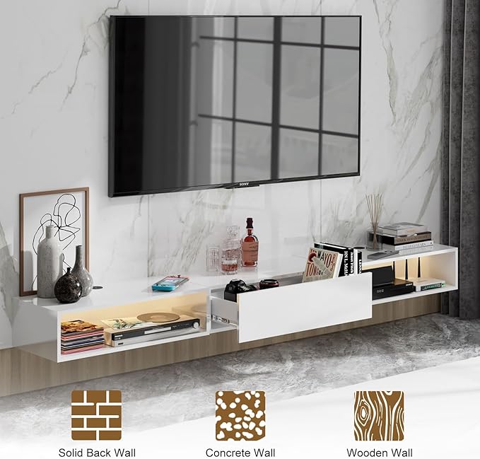 Floating TV Stand for 65 70 75 78 88 95+ inch TV, Entertainment Center with LED Light and Storage Cabinet Media TV Console Shelf for Wall for Living Room Bedroom