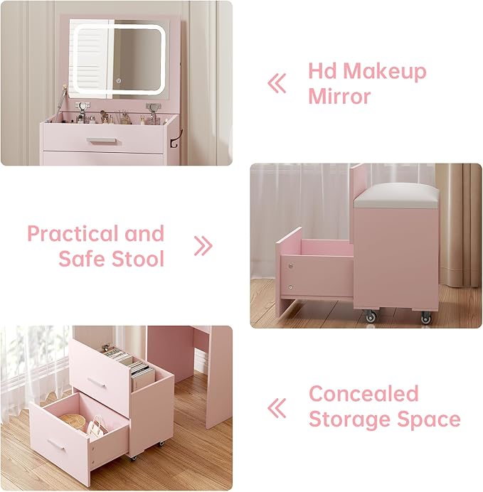 Compact Vanity with 3 Drawers, 3 in 1 Vanity Desk, Makeup Desk with Flip-up 3 Colors Lighting Mirror and Cushioned Stool, Small Vanities Nightstand Perfect for Bedroom, Pink