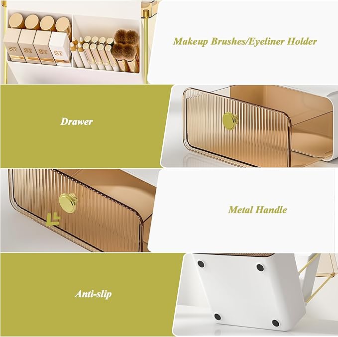 FOLLOWIN 3 Tiers Makeup Organizer with Drawer,Cosmetic Display with Lipsticks Brush Holder,Cosmetics and Beauty Supplies Organizers for Vanity,Dresser,Bathroom Desktop Countertop Organizer,Amber