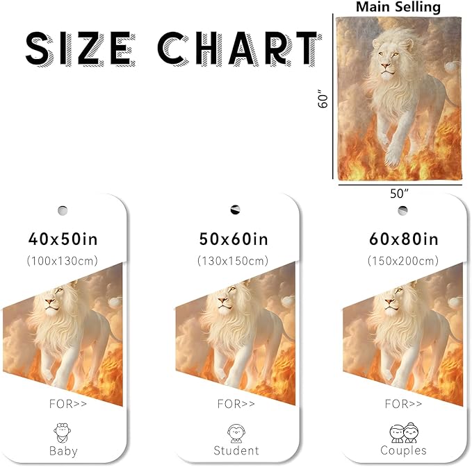 White Lion Blanket, Cozy Flannel Majestic Lions with Fiery Flames Throw Blanket for Couch Outdoor, Plush Soft Lightweight Travel Blankets for Bed Decor and Gifts, for Women Kids Adults 60"x80"