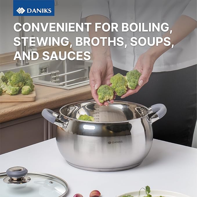 Daniks Modern Stainless Steel Stock Pot with Glass Lid – Induction 7 Quart, Dishwasher Safe, Heatproof Handles, For Soup, Pasta, Stew, Silver