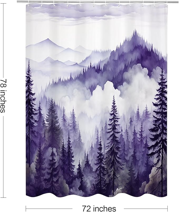 Purple Long Misty Pine Forest Shower Curtain 72 x 78, Mountain Foggy Woodland Scenery Tree 78 Inch Long Shower Curtains for Bathroom, Abstract Waterproof Nature-Themed Decor