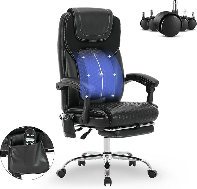 2-Pack Massage Office Chair with Heat and Footrest, Ergonomic Reclining Leather Executive Computer Desk Chair with Wheels, Big and Tall Adjustable Chair for Home Office and Gaming, 300 lbs Support