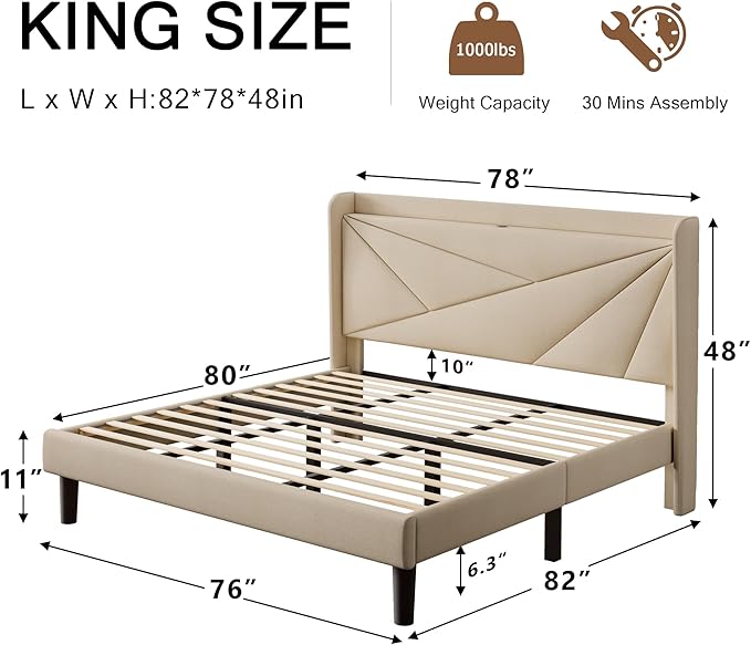 King Size Upholstered Bed Frame with Charging Station, Modern Minimalist Headboard, Solid Wood Slats Support, No Box Spring Needed, Noise Free, Beige