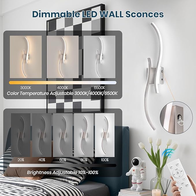 Battery Operated Wall Sconces Set of 2, Rechargeable Dimmable Battery Wall Light with Remote Control, Brushed Nickel LED Wireless Wall Light for Living Room Bedroom Hallway，31.5inch (Brushed Nickel)