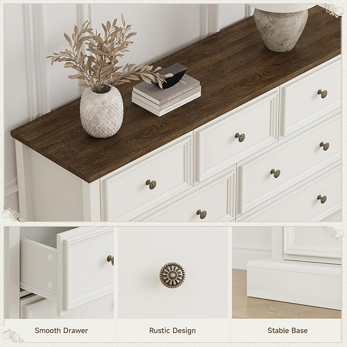 Farmhouse 7 Drawer Dresser for Bedroom, 55" Wide Wood Rustic Chest of Drawers for Bedroom, Storage Dressers Clothes Organizer for Closet, Living Room, Hallway, Dining Room(Vintage White)