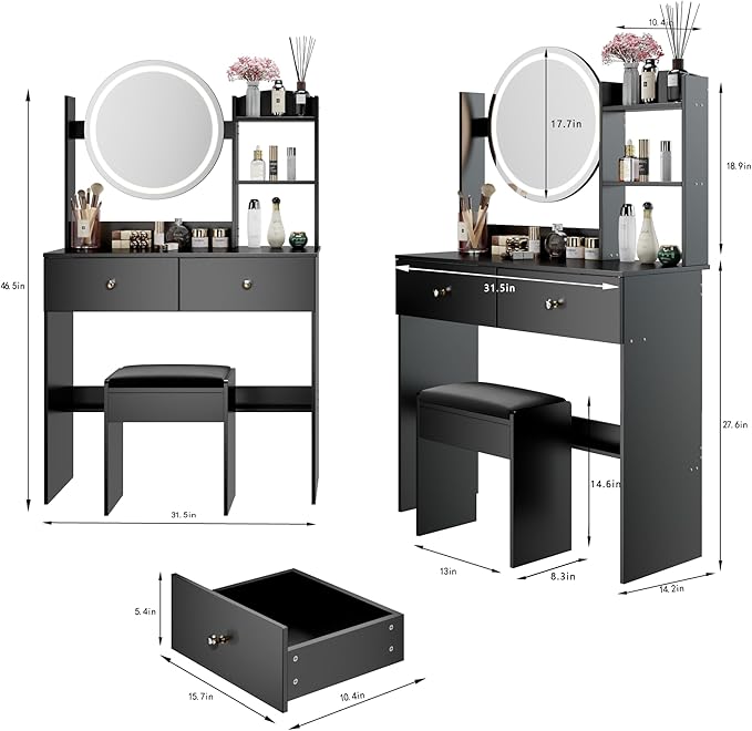 31.5" Small Vanity Desk with Mirror and Lights, Makeup Table with Led Lights, 3 Lighting Colors, Vanity Set with 2 Drawers and Stool for Small Space Bedroom, Black