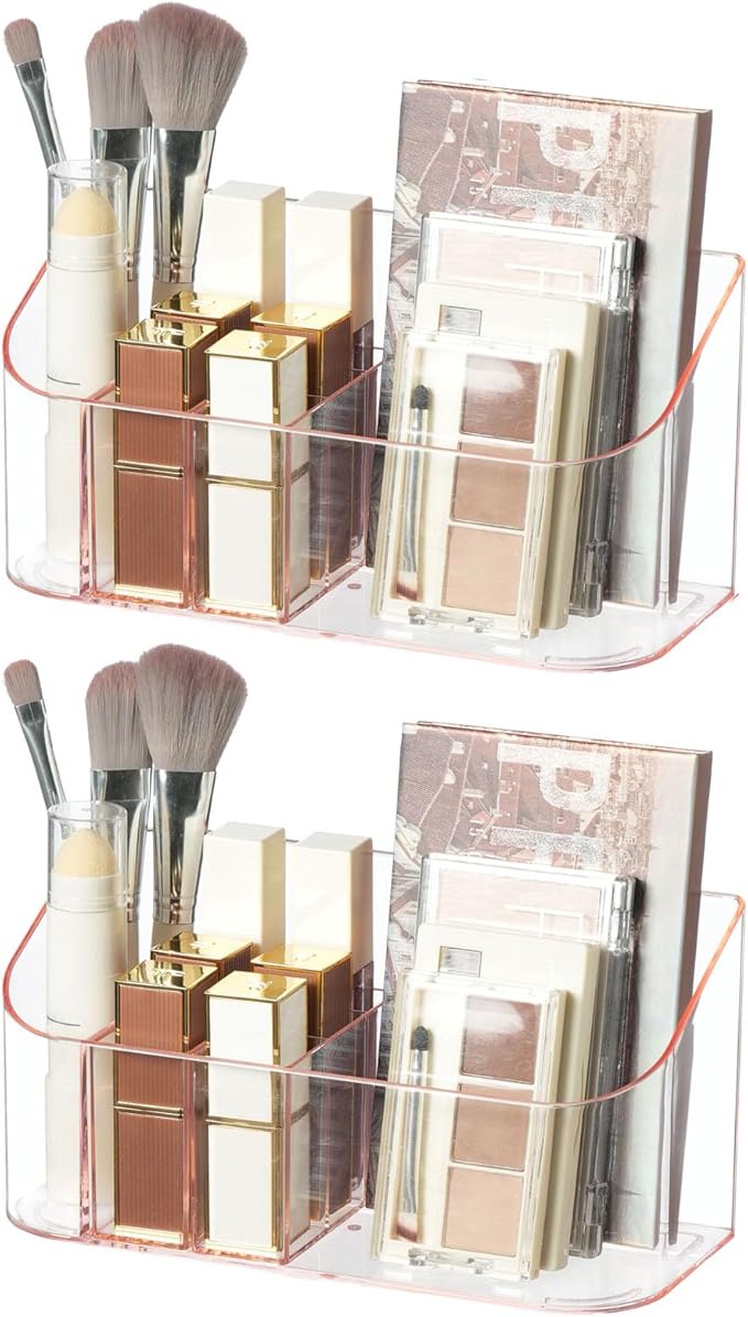 SUNFICON 2 Pack Makeup Holders Organizers Trays Cosmetic Display Case Tabletop Desktop Vanity Countertop Bathroom Wall Cabinet Medicine Storage Box Womens Ladies Girls Crystal Pink