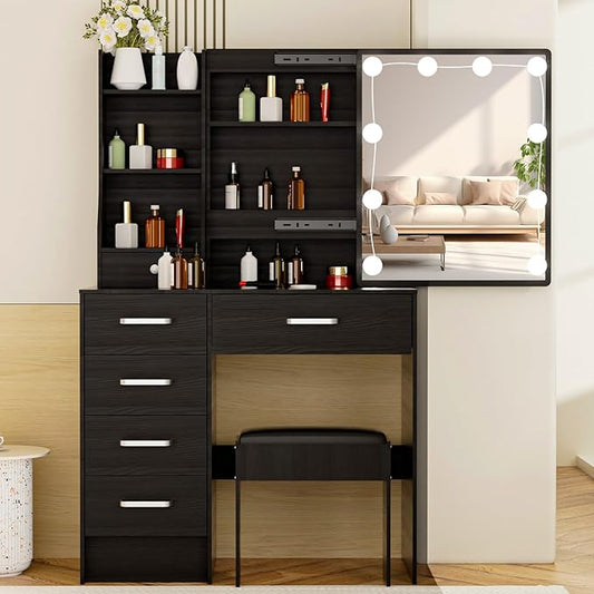 Black Vanity Set with 6 Storage Drawers & Silver Handles, Bedroom Vanity Desk Table Dressing Bench Stool with Hollywood Makeup Mirror and Lights 3 Colors Adjustable Brightness for Girls