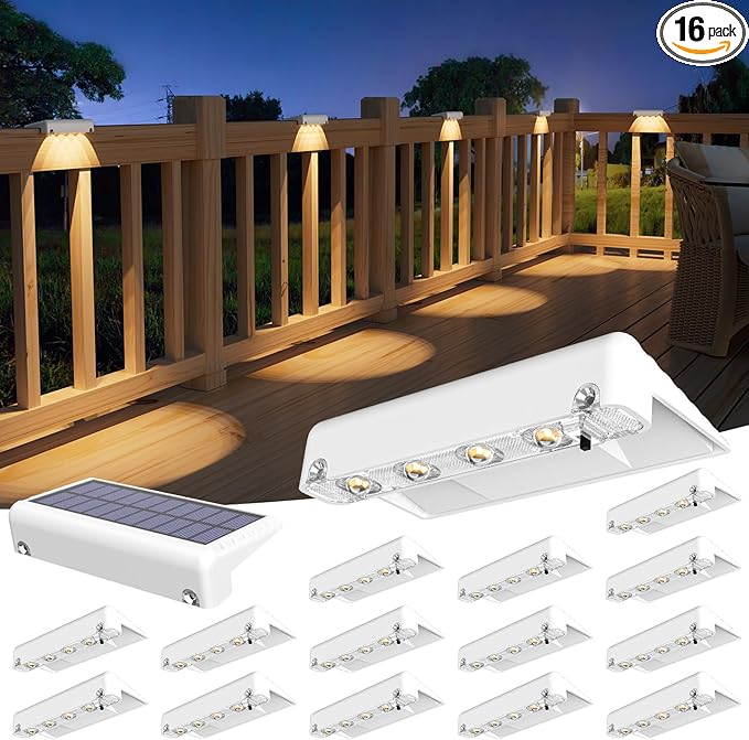 VOLISUN Solar Deck Lights 16 Pack, Warm White Glow LED Large Size Lamp, IP65 Waterproof Step Lights Outdoor for Deck, Step, Fence, Railing, Wall and Stairs (White)