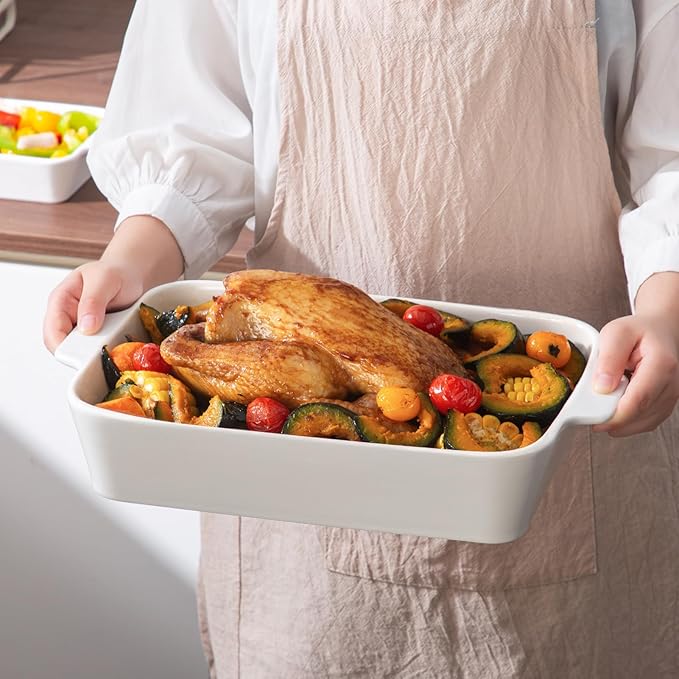 YUN TAO Casserole Dishes for Oven, Porcelain Baking Dishes, Ceramic Bakeware, Rectangular Lasagna Pans Deep with Handles for Baking Cake Kitchen,Cake Dinner,3-Piece (Set of 3, White) (White, 15.1 Inch)