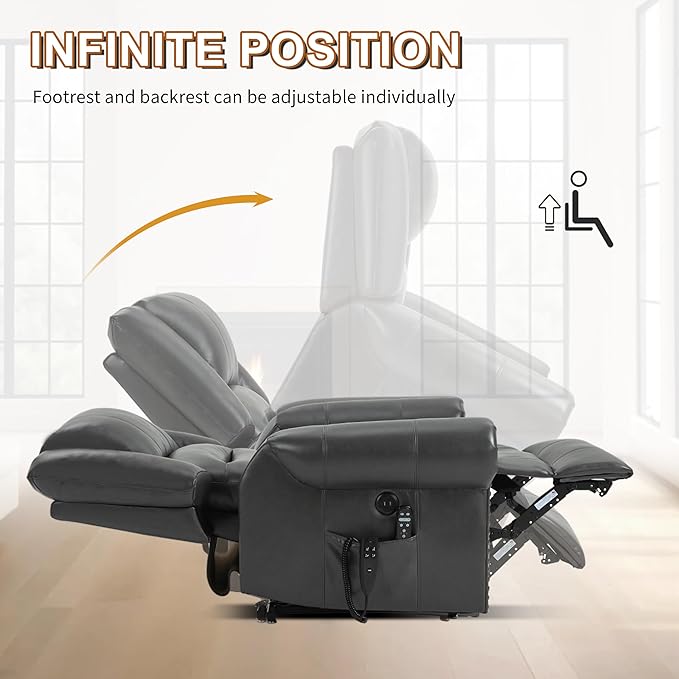 Power Lift Recliner Chair for Elderly, Dual Motor Massage Recliner with Lumbar Heat, Heavy Duty Motion Mechanism Lift Chair with Charge Ports, Faux Leather - Gray