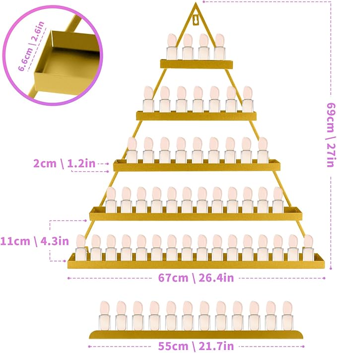 Metal Wall Mounted Nail Polish Organizer, Golden 5 Tier Triangle Display Rack Cosmetic Display Cabinet Lipstick Perfume Wall Shelf Essential Oil Organizer for Home Spa Nail Salon Shop