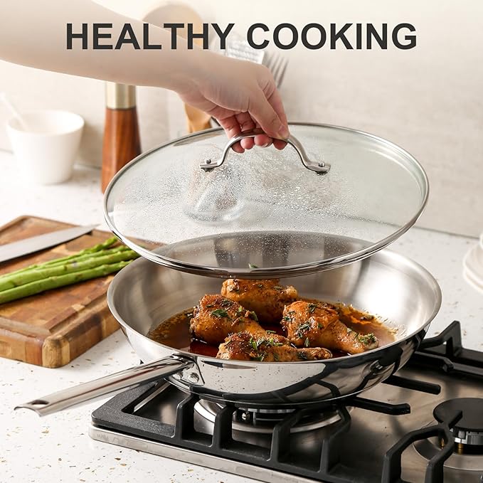 DELUXE Stainless Steel Frying Pan with Lid, 11-Inches Oil Gather Pro Skillet with 3-Ply Heavy Bottom, PFOA Free Frying Pot with Stay-Cool Handle Compatible with All Stoves, Dishwasher Oven safe