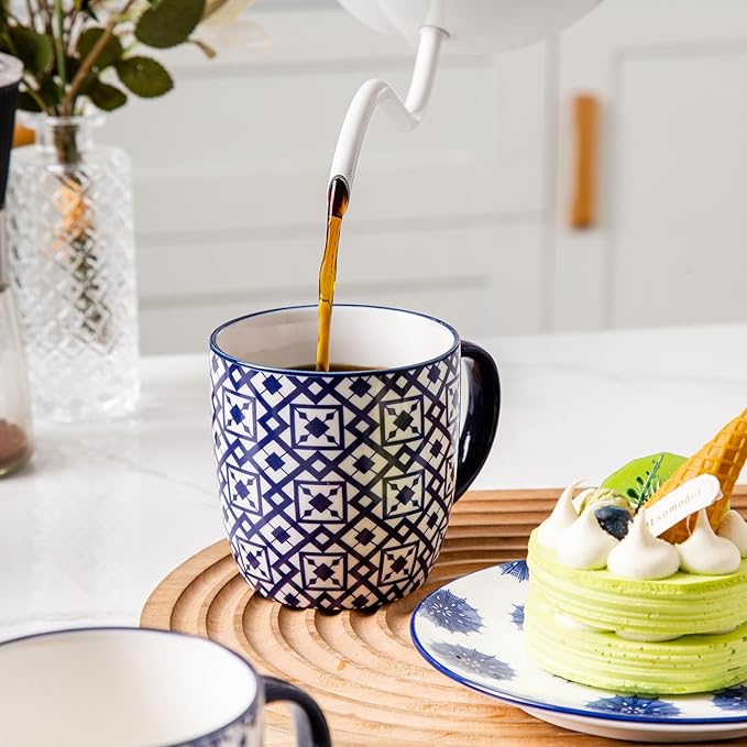 Ceramic Coffee Mugs Set - 10 OZ Large Porcelain Tea Cups with Handle for Milk Cappuccino Latte Cocoa Tea - Microwave Dishwasher Safe - Christmas Housewarming Gift -Set of 6 - Vintage Blue