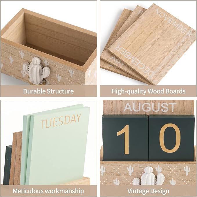Perpetual Desk Calendar, Wooden Calendar Vintage Office Supplies Block Home Office Aesthetic Boho Desk Accessories Green Cactus Decor Gift