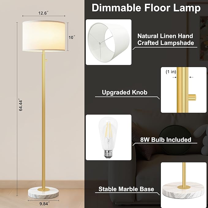 Floor Lamp for Living Room,Dimmable Floor Lamp, Modern Standing Lamp with Marble Base,Tall Standing Lamp for Bedroom, Reading, Office & Kids' Room,LED Bulb Included(Gold)