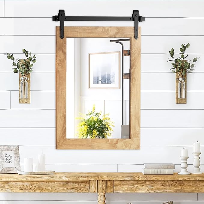 Farmhouse Bathroom Mirror 26”x40” Rustic Wood Framed Wall Mirror Barn Door Mirror for Wall (Brown)