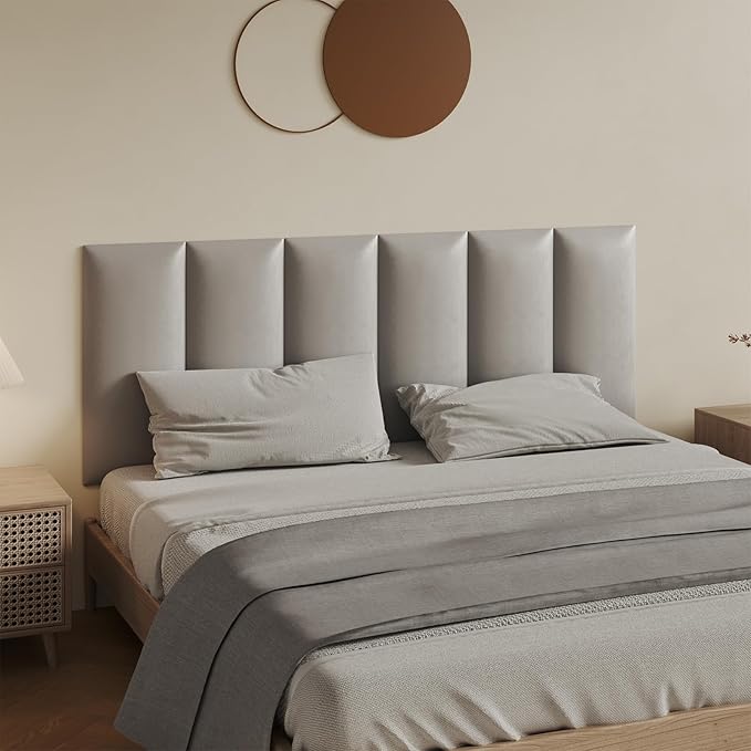 Wall-Mounted Upholstered Headboard Panels, Light Gray, 24x12 Inches, Pack of 12 – DIY Faux Leather Soundproof Padding for King, Queen, or Full Beds, Modern Accent Wall Panels