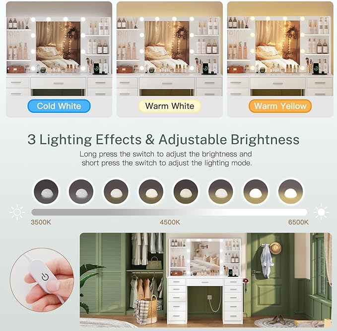 Quimoo 47.2" Large Vanity Desk with Mirror and Lights, White Makeup Vanity with 11 Drawers & 6 Open Shelves, 3 Color Modes & Adjustable Brightness for Girls Bedroom