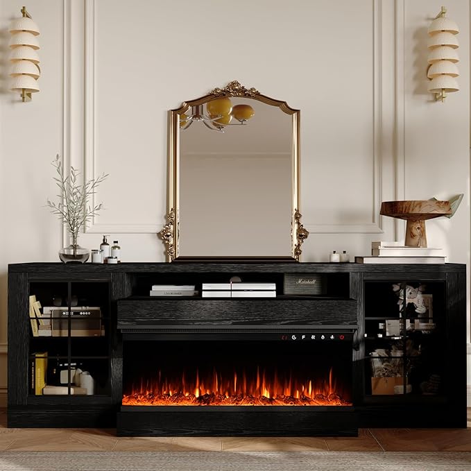 CharaVector 3-Sided Farmhouse TV Stand for TVs up to 75'', Modern TV Console with Glass Door Storage Cabinet, 60'' Large TV Stands for 30''Fireplace, Black (ONLY TV Stand)