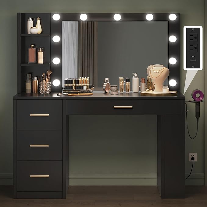YITAHOME Vanity Desk with Mirror and Lights, Makeup Table with Charging Station, Large Vanity Set with 4 Drawers, Cute Makeup Desk with 6 Storage Shelves, Black