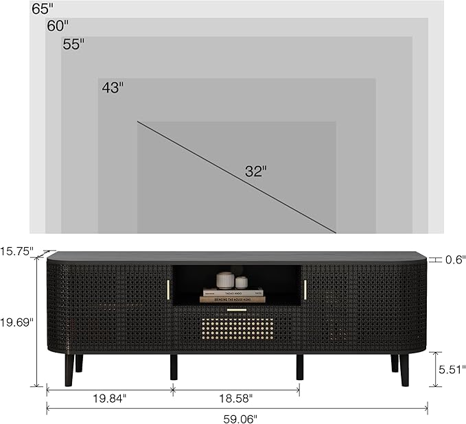 ORRD TV Stand for TVs Up to 65 Inch, Boho Wood Television Stands Media Entertainment Center Console Table with Curved Iron Rattan Doors and Drawer for Living Room - Black