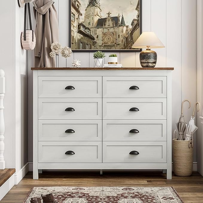 Wananlanen® Farmhouse Dresser for Bedroom, Antique Double Dresser & Chest of Drawer with Vintage Handle and Storage, Wooden Tall Rustic Organizer for Bedroom (Antique White, 8 Drawer)