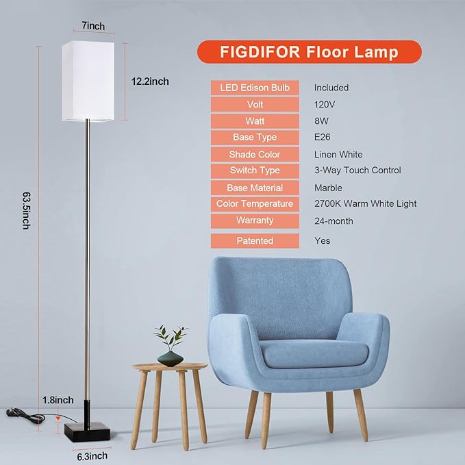 Floor Lamp, 3-Way Touch Control Dimmable Standing Lamp with Sturdy Marble Base, Brushed Nickel Touch Floor Lamp Tall Lamp with Square Linen Shade for Living Room, Bedroom, LED Bulb Included