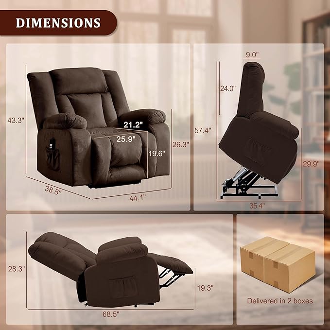 Oversized Dual Motor Power Lift Recliner for Adults, Electric Lift Chair with Heating and Massage, Waffle Fabric Electric Recliner Chair with Side Pockets, Wide Recliner for Living Room