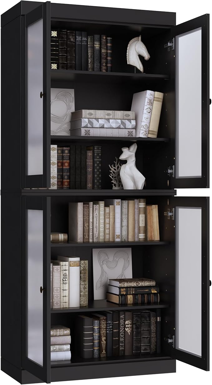 Palace Imports Solid Wood Bookcase w/Frosted Glass Doors & Adjustable Shelves - 6-Tier Bookshelf, 71.5" H x 32” W - Black, 100% Renewable Eco-Friendly Wood, Made in Brazil